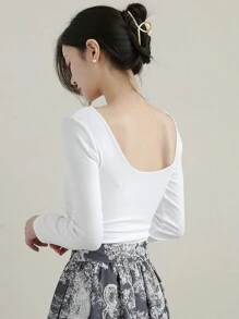 DAZY Camiseta de manga larga con cuello en V de unicolor para mujer, con volantes, ropa de otoño