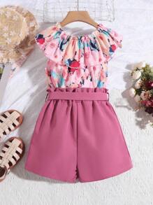 Sparklyn Tween Girls' Floral Printed Top With Ruffle Trim And Solid Color Shorts