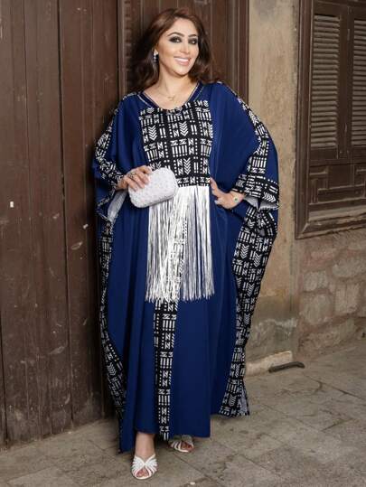 Al Najma 大碼女性幾何印花拼接流蘇阿拉伯服裝