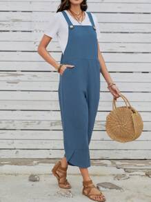 EMERY ROSE 女士休閒風寬腿連身褲,可拆卸肩帶和口袋 - 藍色 - 查看 5