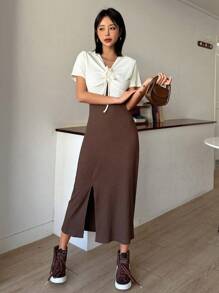 DAZY Contrast Belt Split Hem Ribbed Bodycon Dress Sundress,Casual Women Dresses - Brown - View 4