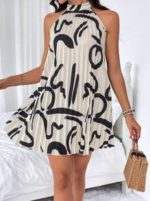 SHEIN Clasi Random Print Pleated Halterneck Dress - Apricot - View 1