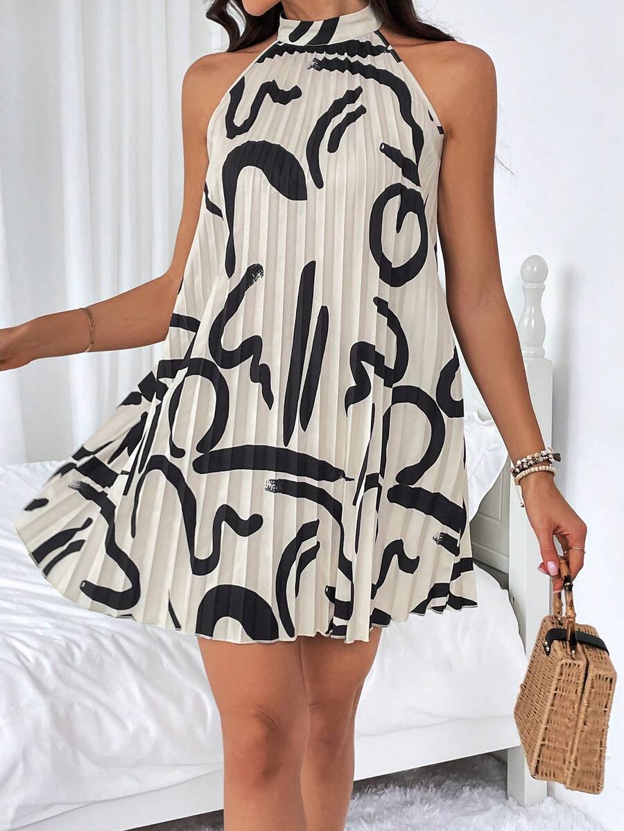 SHEIN Clasi Random Print Pleated Halterneck Dress - Apricot - View 1