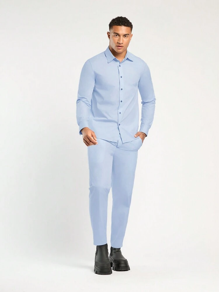 Men's Spring And Summer Casual Fit Light Blue Shirt And Trousers Two-Piece Set