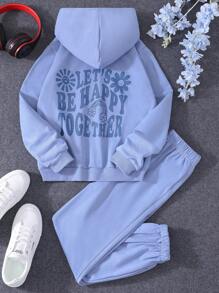 SHEIN Girls Slogan Graphic Hoodie & Joggers - Blue - View 1