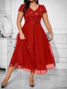 Cravure Plus Size Women's Glitter Sequin Patchwork Cape Sleeve Dress For New Year Clothes Maxi Women Outfit Wedding - Red - View 6