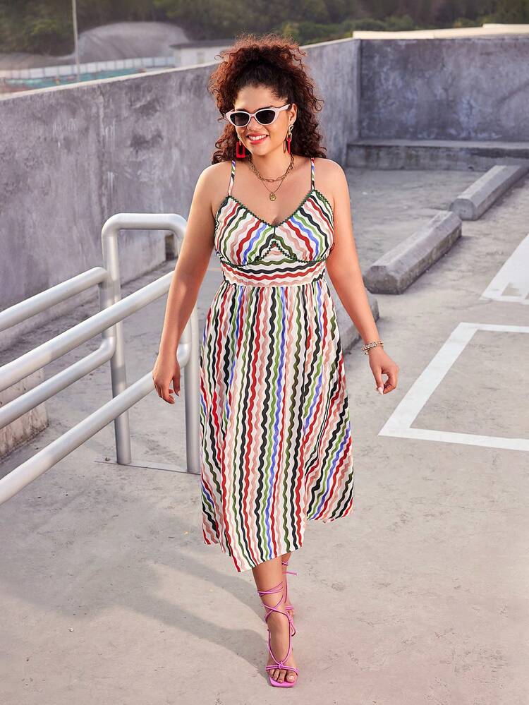 Plus Size Ruffle Wave Pattern Sleeveless Waist Cinched Dress