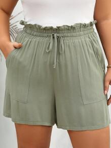 SHEIN LUNE Plus Size Comfortable Casual Green Shorts With Pockets - Green - View 6