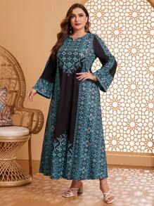 Al Najma Plus Size Floral Patchwork Notched Neckline Flare Sleeve Jalabiya Dress With Cutout Detail - Multicolor - View 10