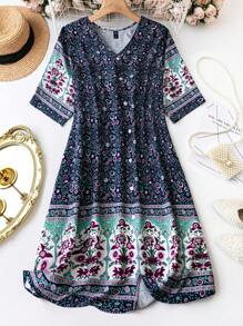 SHEIN LUNE Kích thước lớn Retro In Đầm giản dị - Màu xanh hải quân - Xem 1