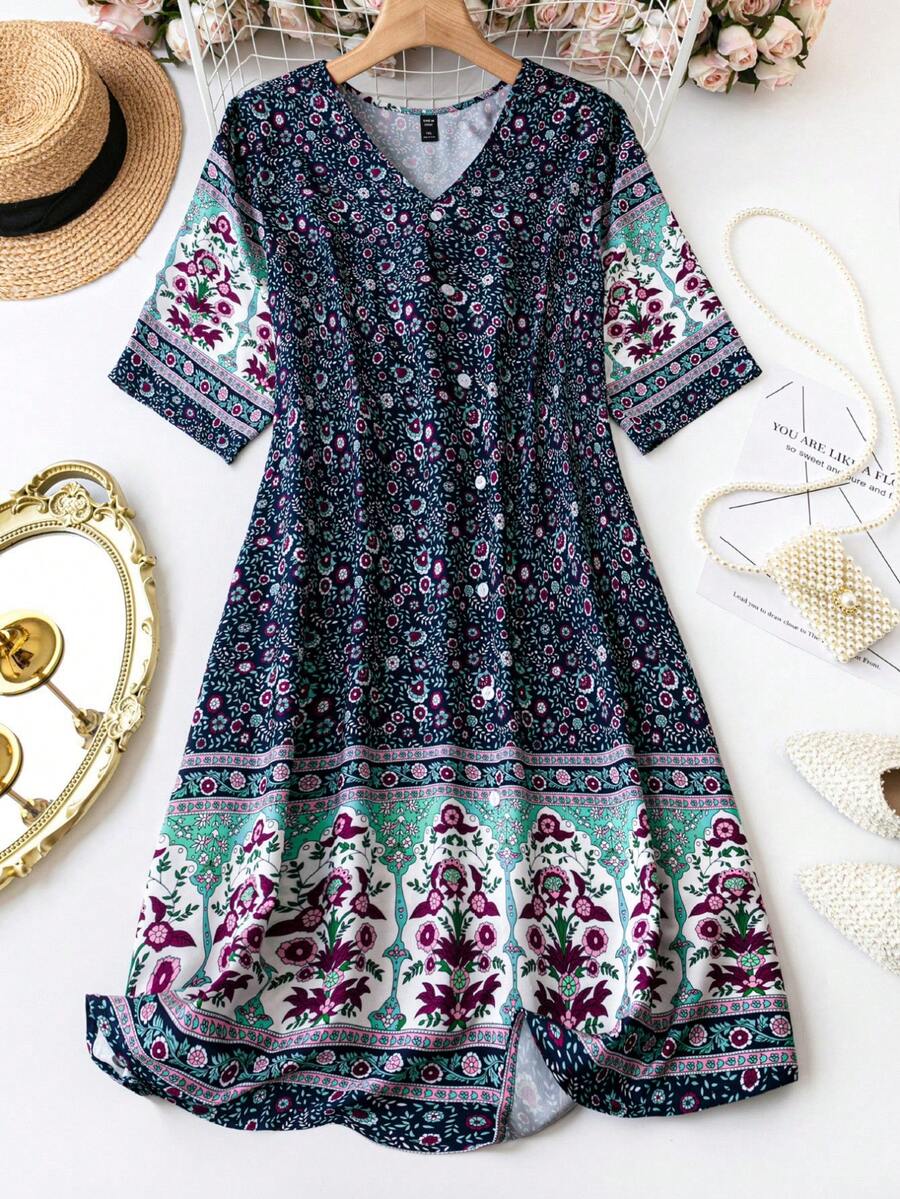 SHEIN LUNE Kích thước lớn Retro In Đầm giản dị - Màu xanh hải quân - Xem 1