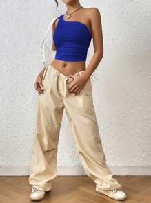SHEIN EZwear 女士純色單肩無袖上衣 - 藍色 - 查看 3