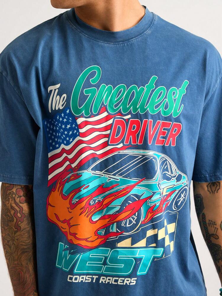 Men's Car And Letter Printed T-Shirt In Blue Washed