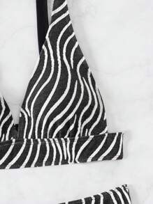 SHEIN Swim Women'S Printed V-Neck Bikini Set Summer - Black and White - View 4