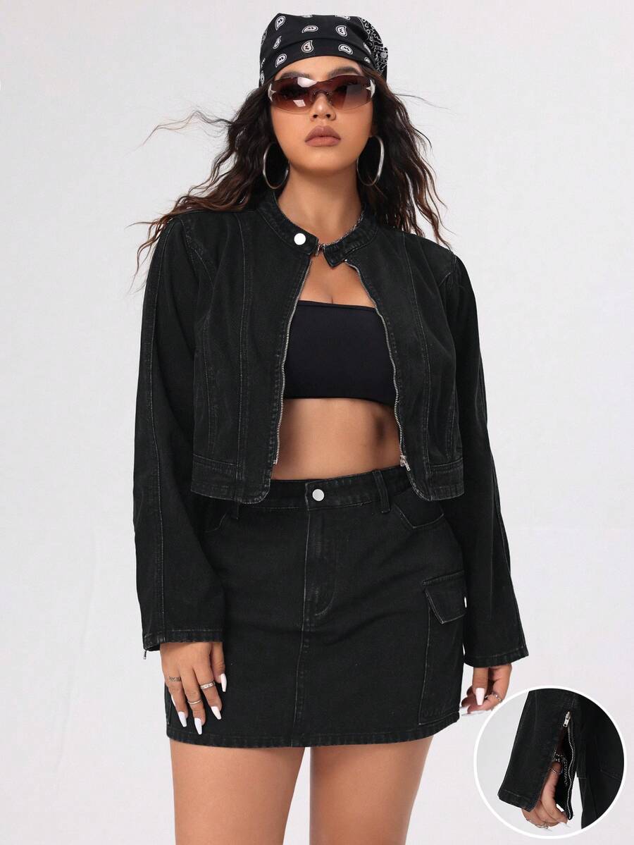 SHEIN ICON Kích thước lớn Của phụ nữ Ngắn Đúng mốt Xe máy Áo khoác Áo khoác denim - màu đen - Xem 1