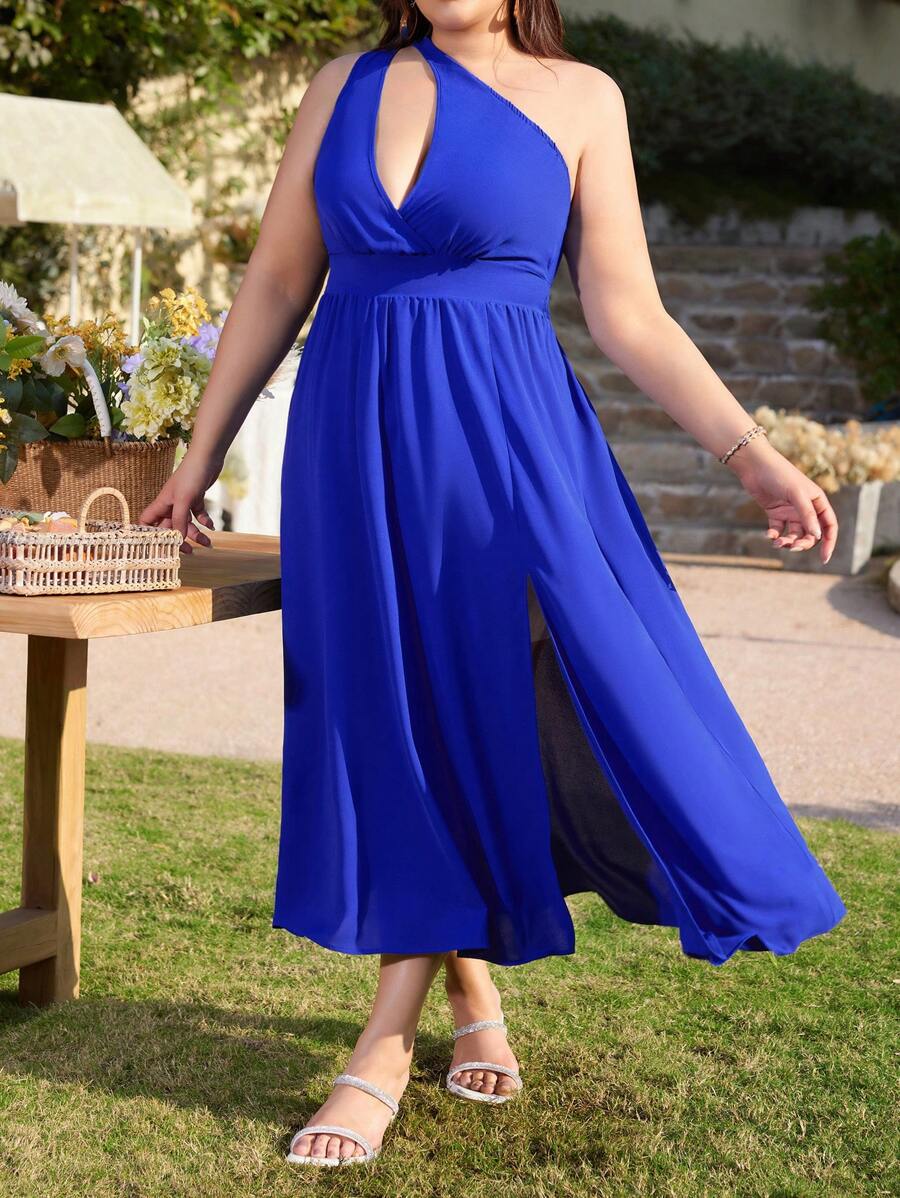 SHEIN Belle Plus Size Solid Color Asymmetrical Neckline Hollow Out Split Dress - Blue - View 1