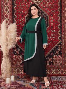 Al Najma 大尺碼女士拼色長袖圓領阿拉伯長袍連衣裙