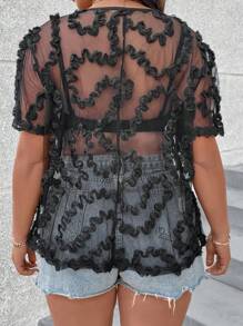 SHEIN Clasi Plus Size Floral Patchwork Loose Fit Short Sleeve Top With Round Neck - Black - View 2