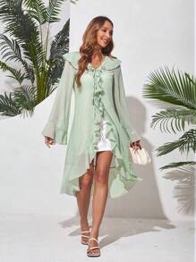 GENKIRA 女士長袖襯衫,褶邊下擺,前綁帶和拼接設計 - 青碧色 - 查看 3