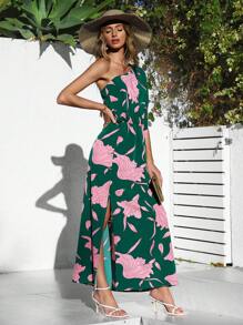 SHEIN VCAY Holiday Floral Printed One Shoulder High Side Slit Maxi Women Dresses - Green - View 5