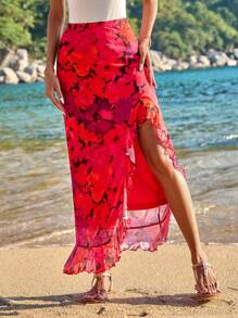 SHEIN VCAY Vacation Spring/Summer Knitted Mesh High Waist Bodycon Skirt With Ruffle Hem