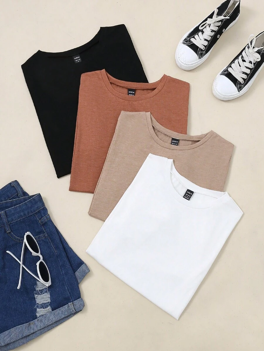 SHEIN LUNE Conjunto De 4 Playeras Básicas De Cuello Redondo Y Manga Corta Para Mujeres De Color Sólido - Multicolor - Ver 1