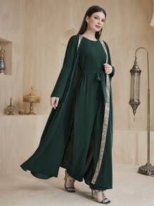 Al Najma Women's Shiny Sequin & Woven Belt Patchwork Jacket And Solid Jumpsuit Set