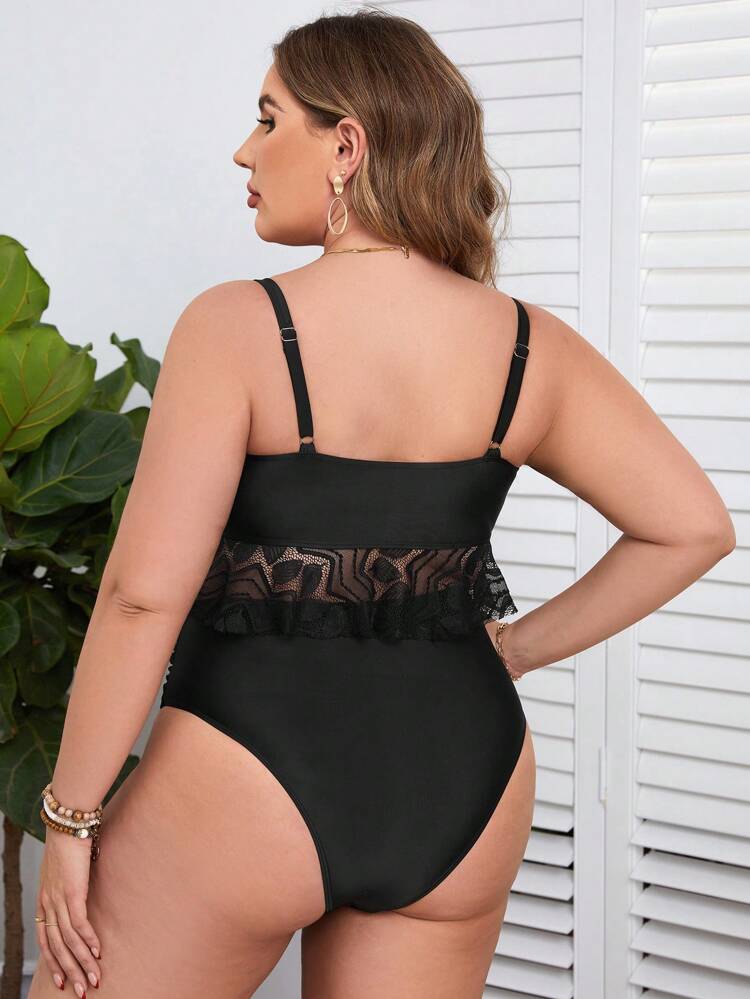 Plus Size Lace Spliced Hollow Out Bikini Set, Beach Outfit Bathing Suit Music Festival Summer