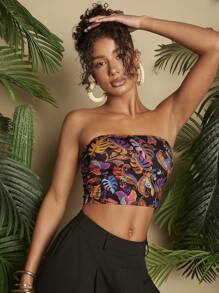 Travachic Vacation Paisley Tropical Print Slim Fit Strapless Cropped Top - Black - View 3