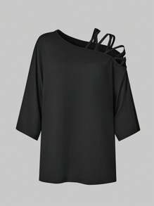 SHEIN LUNE Women's Asymmetrical Shoulder Batwing Sleeve T-Shirt - Black - View 1