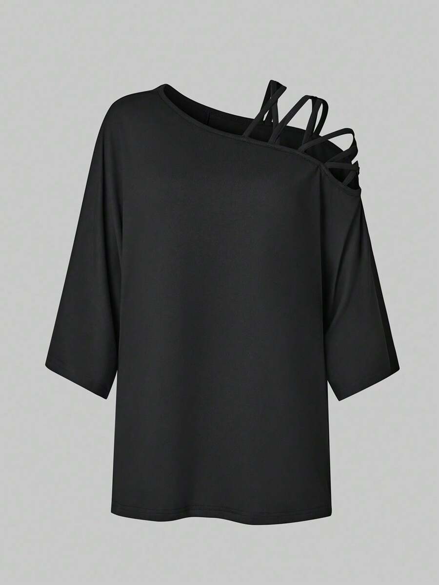 SHEIN LUNE Women's Asymmetrical Shoulder Batwing Sleeve T-Shirt - Black - View 1