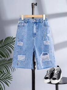 Teen Boys' New Arrival Fashionable Ripped Ink Washed Denim Shorts - Light Wash - View 1