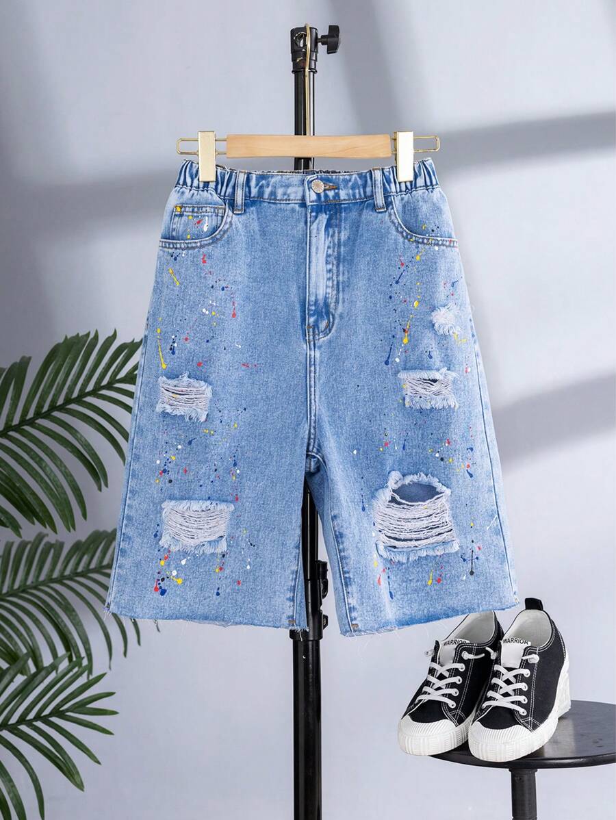 Teen Boys' New Arrival Fashionable Ripped Ink Washed Denim Shorts - Light Wash - View 1