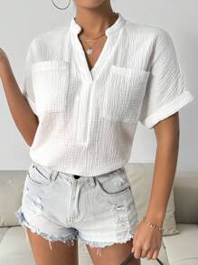 SHEIN LUNE Solid Color Texture Detail Patch Pocket Shirt With Notched Collar