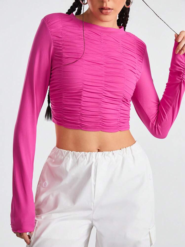 Ladies' Solid Color Round Neck Long Sleeve Pleated T-Shirt