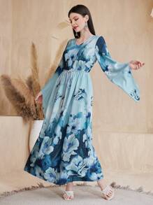 Al Najma Floral Printed Round Neck Bell Sleeve Kaftan - Blue - View 8