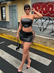 SHEIN SXY 性感吊带镂空 PU 抹胸上衣和裙子两件套适合音乐会和音乐节，夏季 - 黑色 - 查看 6