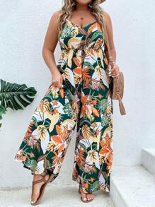 SHEIN Unity Plus Tropical Print Cami Wide Leg Jumpsuit For Summer - Multicolor - View 6
