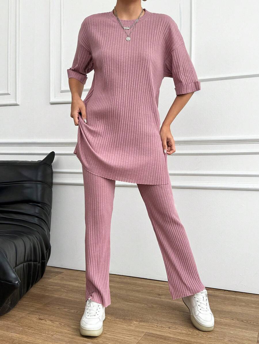 EURMUSE Women's Round Neck Drop Shoulder Short Sleeve T-Shirt And Pants Set - Pink - View 1