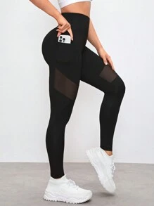 SHEIN Sports 帶口袋的網格拼接瑜伽褲 - 黑色 - 查看 1