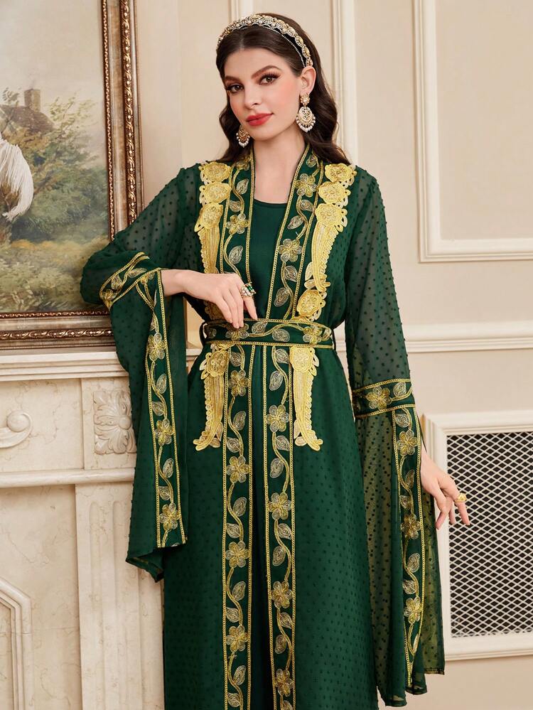 Ladies' Solid Color Dress With Water-Soluble Lace & Woven Trim Patchwork Jacket Two Pieces Set, Moroccan Kaftan, Elegant Evening Party Dress 2 Piece Set