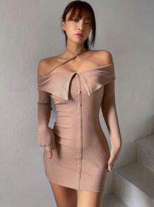 DAZY Women's Off-Shoulder Halter Neckline Bandage Bodycon Dress With Button Design - Khaki - View 3