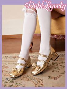 Dola Lovely Women's Bow Knot Printed Mary Jane Shoes With Heart-Shaped Double Straps And Buckle Detail, Fashionable High Heel Pumps