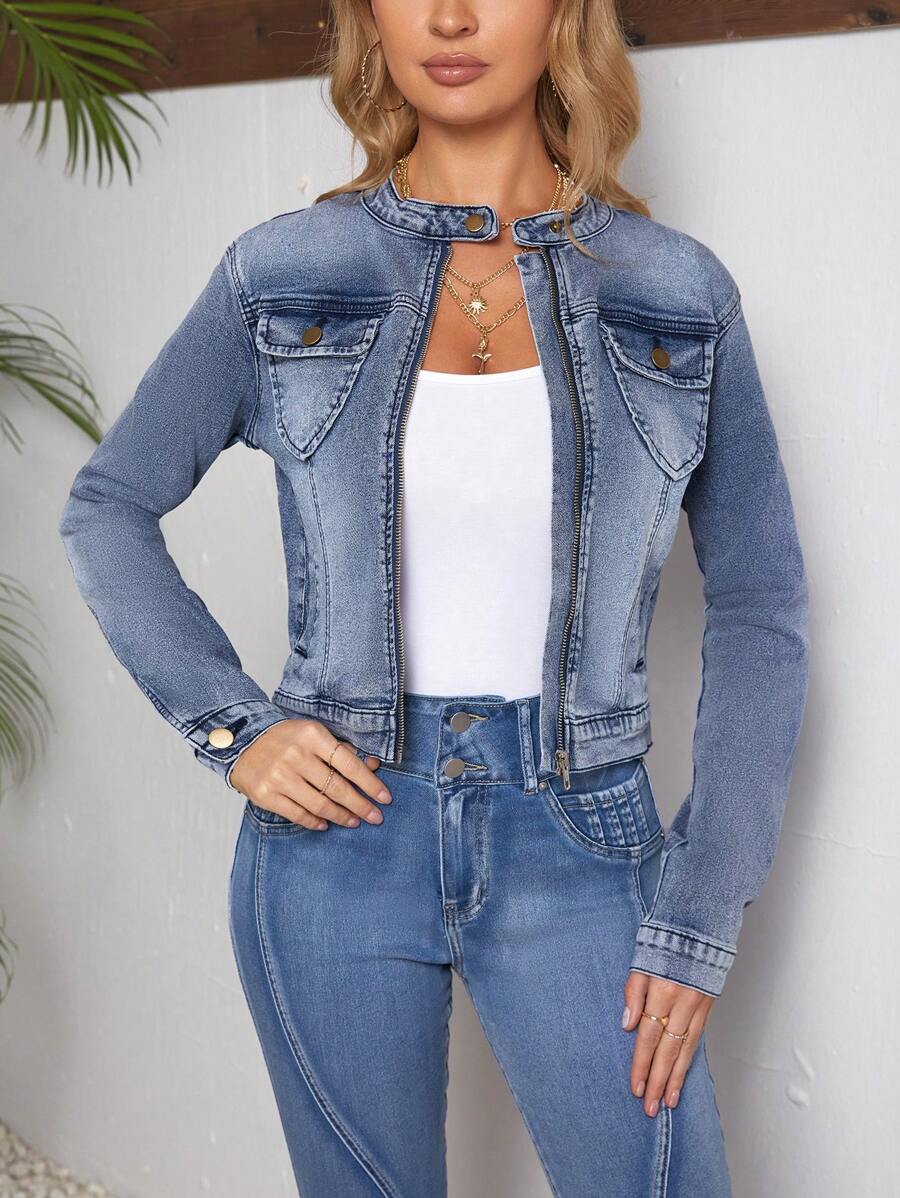 SHEIN LUNE Women's Stand Collar Zipper Front Long Sleeve Denim Jacket - Blue - View 1