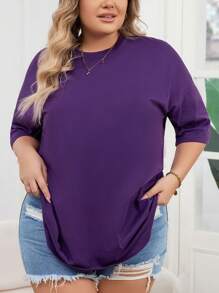 INAWLY 大尺碼女士純色圓領t恤 - 紫色 - 查看 6