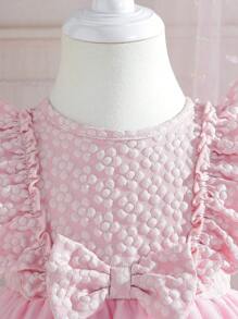 SHEIN Glamorique Kids 嬰兒女孩優雅蝴蝶結裝飾提花拼布蝴蝶鑲嵌網紗荷葉邊洋裝 - 粉色 - 查看 5