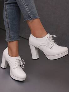 女士用白色水台高跟鞋,鞋帶皮革和厚跟 - 白色 - 查看 4