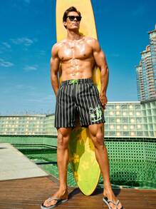 Manfinity Pantalones Cortos De Playa Para Hombre Con Cintura Elástica Y Cordón Con Patrón De Árboles De Coco A Rayas