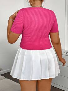 Calvaya Plus Size Women's Short Sleeve Knitted Top Cut Out Design - Pink - View 2