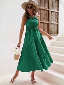 SHEIN VCAY Vestido Sin Mangas Con Cuello Halter Para Mujer, Color Sólido Con Dobladillo Con Volantes - Verde - Ver 4